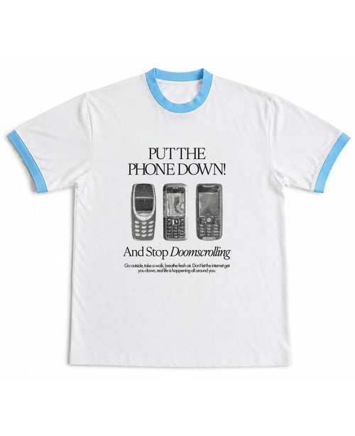 White & Sky Blue Ringer tee Front Design